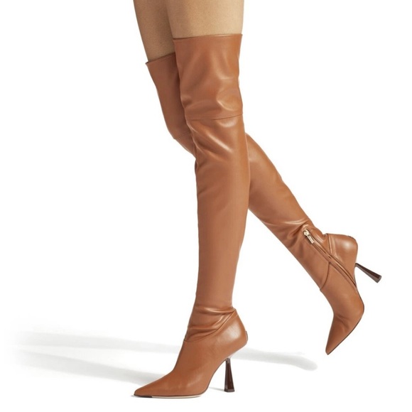Jimmy Choo Bryson 100 Leather Tan Heeled Over-The-Knee Thigh High Boots 37 NEW - Picture 1 of 9